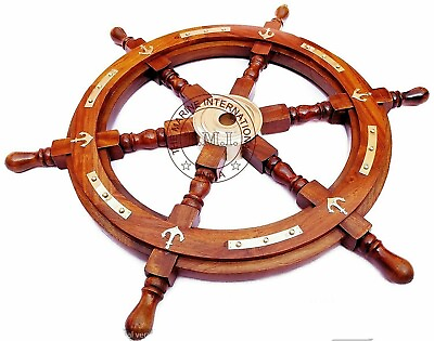 24quot;Nautical antique Wooden Ship Steering Wheel Brass Anchor Item Handmade Style