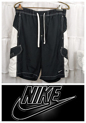 #ad Vintage Mens Nike Cargo Board Shorts Black White Swim Trunks Pockets Swoosh M