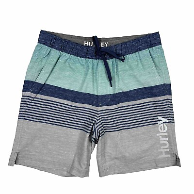 #ad Hurley Men’s Swim Shorts Swim Trunks Blue Gray Striped Large