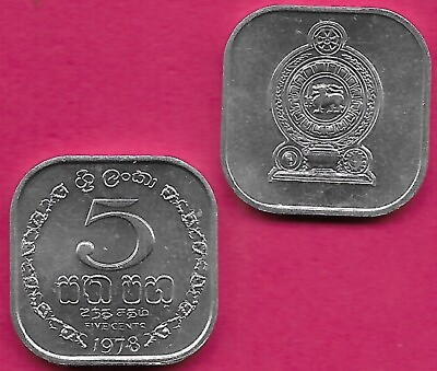 SRI LANKA 5 CENTS 1978 UNC SQUARE COIN VALUE ABOVE DESIGNS WITHIN WREATHNATIONA