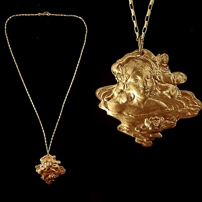 #ad Vintage 1930s Flower Maiden Swimming Copper Necklace Authentic