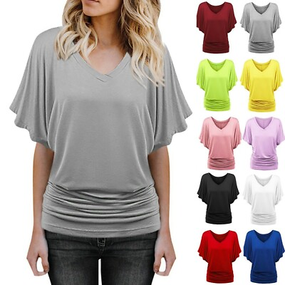#ad Summer Women V Neck Fashion Batwing Sleeve Plus Size T Shirt Solid Blouse Top
