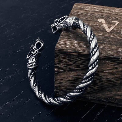 #ad Stainless Steel Norse Viking Wolf Head Cuff Bracelet Arm Ring cuff