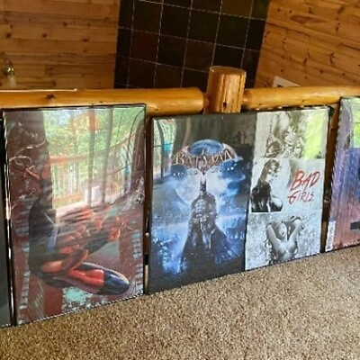 FIVE DC AND MARVEL COMICS CHARACTER POSTERS FRAMED
