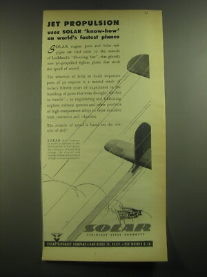 #ad 1945 Solar Aircraft Ad Jet Propulsion uses Solar know how on fastest planes
