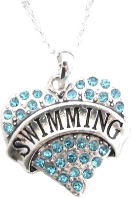 #ad #ad Swimming Silver Chain Necklace Blue Crystal Heart Pendant Jewelry Swimmer Swim