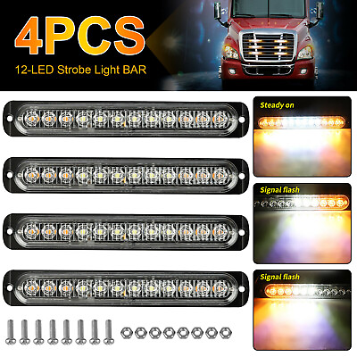 4X 12 LED Strobe Lights Bar Car Truck Flashing Warning Hazard Beacon Amber White