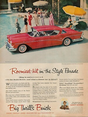 1957 Buick Riviera Super 4 Door Vintage Print Ad Swimming Pool General Motors GM