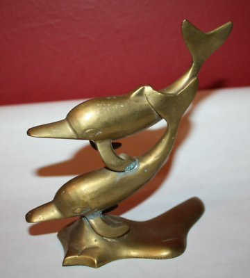 Vintage Brass Dolphin Figurine Swimming over the Waves