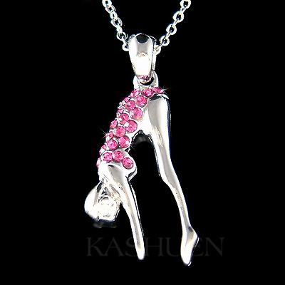 #ad 3D Hot Pink Swimmer made with Swarovski Crystal Swimming Necklace Sports Jewelry