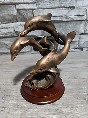 #ad Vintage 6quot; 3 Dolphins Swimming Copper Painted Resin Figurine Sculpture Decor