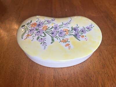 #ad Italy Made Ceramic Hand Painted Trinket Jewelry Box Floral Yellow Di Milano