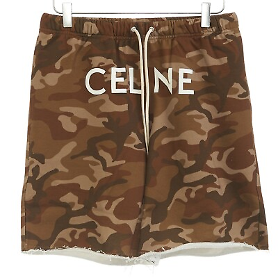 #ad CELINE 690$ Camouflage Cotton Fleece Shorts Logo Print Loose Fit