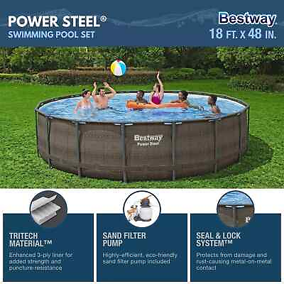 #ad NEW Bestway 18#x27; x 48quot; Power Steel Large Round Pool Set w Pump Ladder amp; Cover NEW