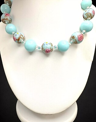 #ad Vintage Robins Egg Blue Venetian Murano Italian Wedding Cake Bead Necklace