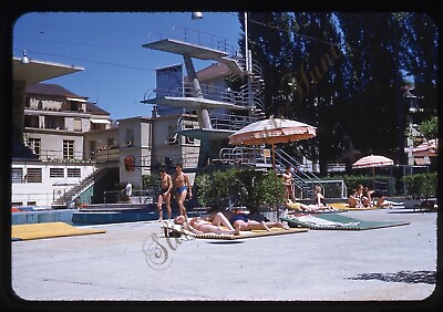 #ad Swimming Pool High Dive France Men Women 1950s Slide 35mm Red Border Kodachrome