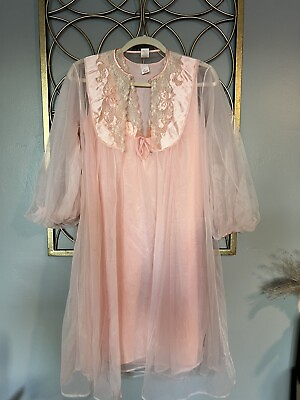 #ad #ad Vintage Sears Chiffon Peignoir Set Pink Peach Sheer Robe amp; Nightgown Sz 32 34