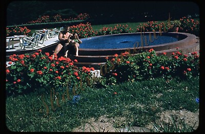 #ad Pretty Woman Man Swimsuit Swimming Pool 35mm Slide 1950s Red Border Kodachrome