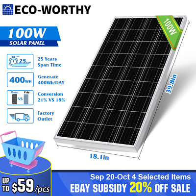 ECO WORTHY 100W Watt 12V Monocrystalline Solar Panel 12BB Cell For Home RV