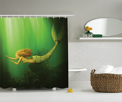 Mermaid with Fish Tail Swimming in Sea Fantasy Artwork Extra Long Shower Curtain