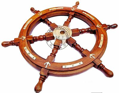 Nautical Wooden Ship Steering Wheel With Brass Anchor 24 Inch Decor Item