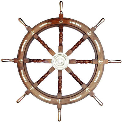 36quot; Nautical Marine Wooden Steering Ship Wheel Brass Anchor Pirate Wall Décor