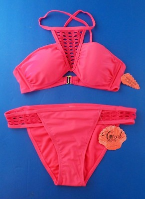 #ad Women#x27;s Swimsuit Swim Set XS S M L Coral Tropics Pink High Neck Bikini w Bottom