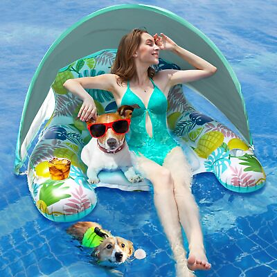 #ad Inflatable Pool Floats Adult XL Lounge Float with Canopy amp; Drink Holders