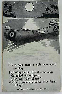 1944 Arcade Trading Card Humor WWII Poem and Comic Art #x27;Out of Gas#x27; Swimming