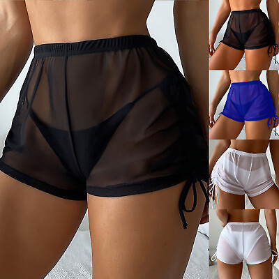 Women Beach Shorts Sheer Mesh Cover Up Bottoms Solid Color Swimming Short Pants