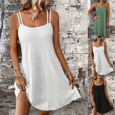#ad Women Summer Loose Strappy A line Dress Sleeveless Holiday Beach Mini Sundress