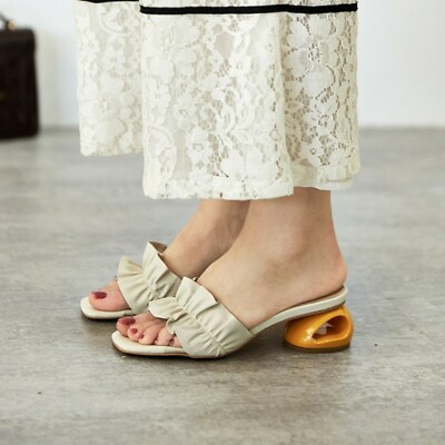#ad Women Peep Toe Ruffle Mid Block Heels Sandals Fashion Summer Pump Shoes Slippers