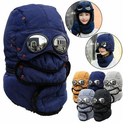 Thermal Winter Trapper Hat with Glasses Winter Cycling Windproof Ski Mask Cap