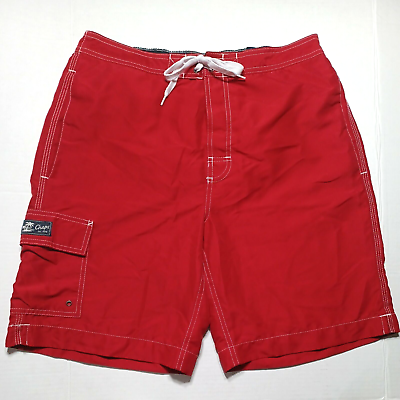 #ad #ad CHAPS Swimsuit Mens M Red Board Shorts Swim Trunks Mesh Brief Drawstring Pockets