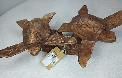 #ad #ad Vtg Wayan Hand Carved M Size 2 Wooden Ocean Turtles Swimming Over Rocks Tortoise