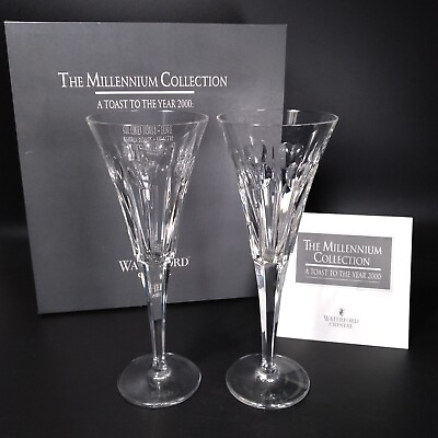 #ad 2 Waterford Crystal Millennium Toasting Flutes Champagne Love Hearts in Org. Box