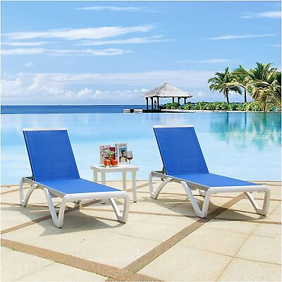 Outdoor Chaise Lounge Set of 3 Adjustable Aluminum Pool Lounge Chair Blue Mesh