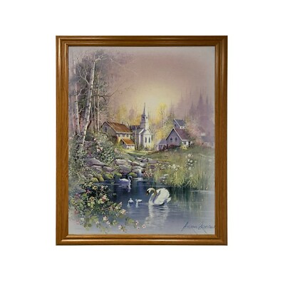 Swan Swimming In The Pond Rustic Art Wood Framed Picture Print
