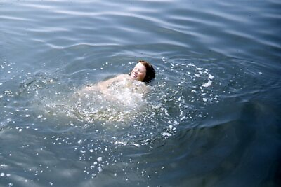 #ad 35mm Slide 1950s Red Border Kodachrome Person Swimming in Lake