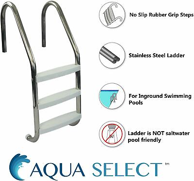 Aqua Select 3 Step Stainless Steel Swimming Pool Ladder For In Ground Pools