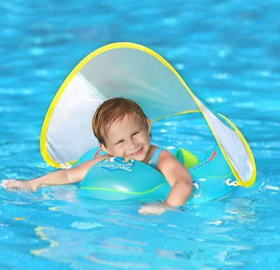 Baby Swimming Inflatable Pool Ring With Sun Protection Canopy Blue Large NEW