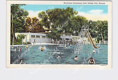 PPC Postcard KS Kansas Dodge City Municipal Swimming Pool Slide Kids Playing