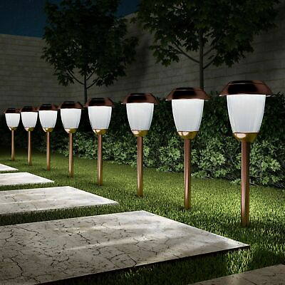 Set of 8 Solar Pathway LED Lights Stainless Steel Copper Finish In Ground Stake