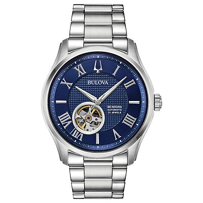 #ad Bulova Automatic Open Aperture Blue Dial Stainless Steel Men#x27;s 42mm Watch 96A218