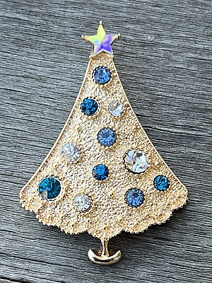 #ad Christmas Tree Aqua Blue Crystal Rhinestone Brooch Pin Glass Vintage Gold Tone