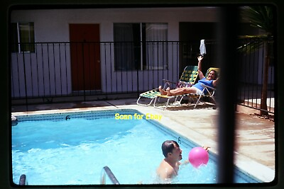 #ad Man in Swimming Pool with Pink Ball in 1971 Kodachrome Slide aa 15 4b