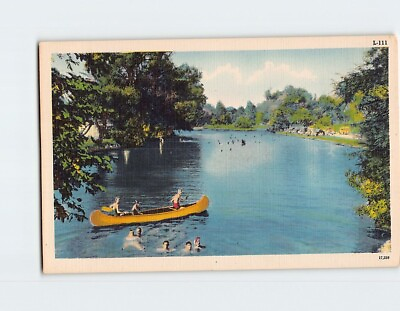 #ad Postcard Families Swimming and Rowing a Boat on the Lake