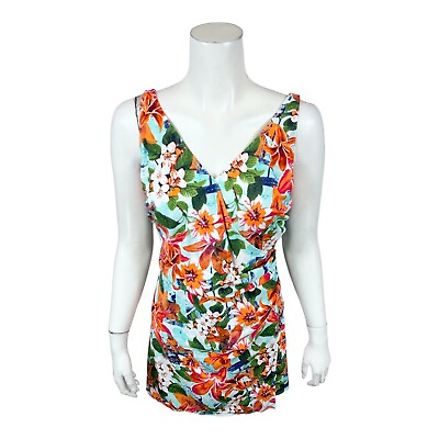 #ad Denim amp; Co. Women#x27;s Beach V Neck Wrap Front Swim Dress Bright Tropical Size 14