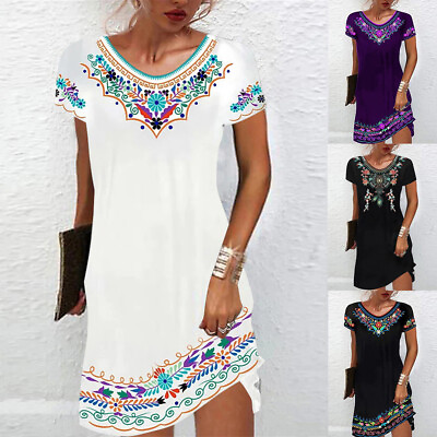 #ad Women#x27;s Boho Floral Short Sleeve Mini Dress Ladies Summer Holiday Beach Sundress