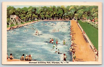 #ad Aliquippa Pennsylvania City Swimming Pool Slides 1940s Linen Dexter Colorcraft